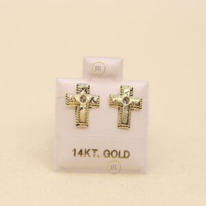 14K Solid Gold Cross Stud Earrings • CZ Center • Textured & Symbolic Design.